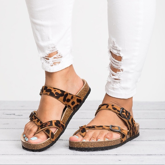 Boutique Shoes - Leopard Buckle Chic Cork Wedge Slide Sandals